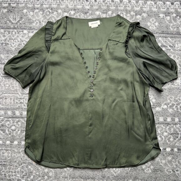 Zadig & Voltaire Dark Green Twity Satin Blouse Medium Button Detail Puff Sleeves - Picture 1 of 9